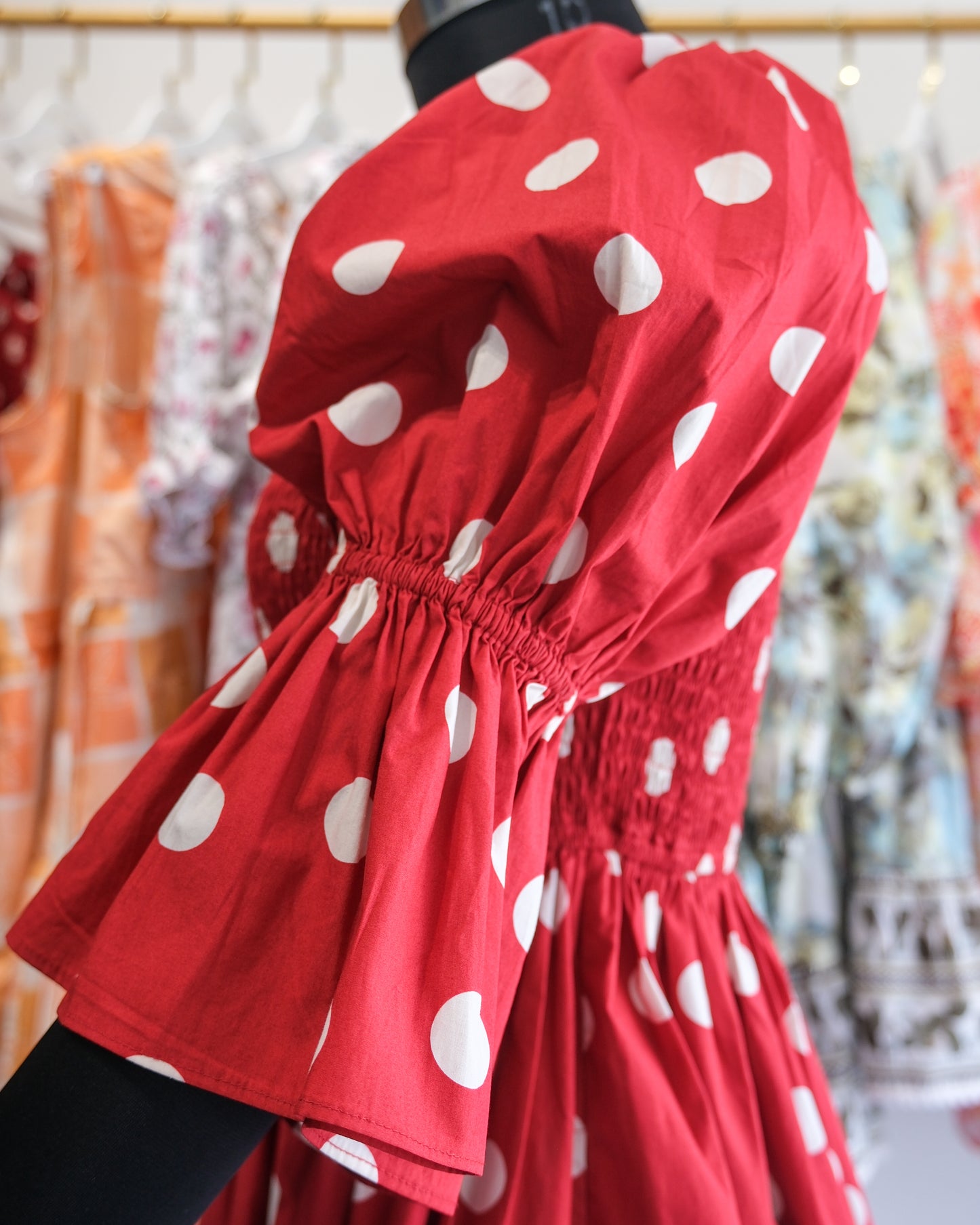 Cherry Polka Dot Smocked Midi Dress