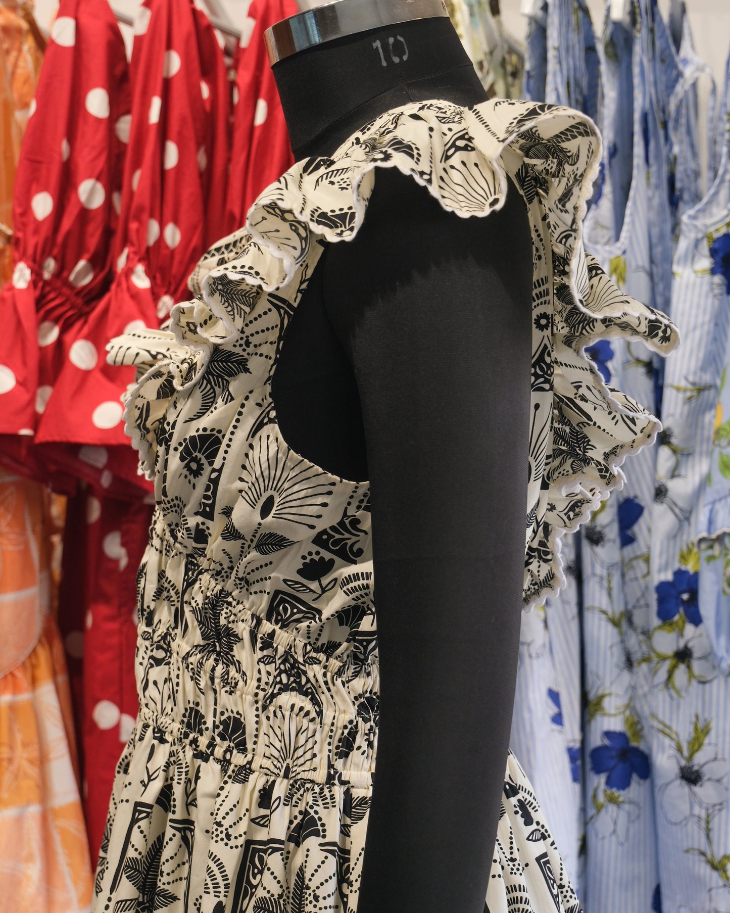 Ivory & Black Tropical Smocked Waist Short Dress