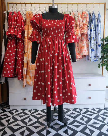 Scarlet dot Smocked Puff Sleeve Midi Dress