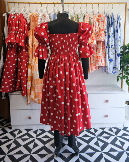Scarlet dot Smocked Puff Sleeve Midi Dress