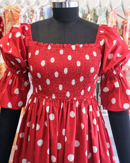 Scarlet dot Smocked Puff Sleeve Midi Dress