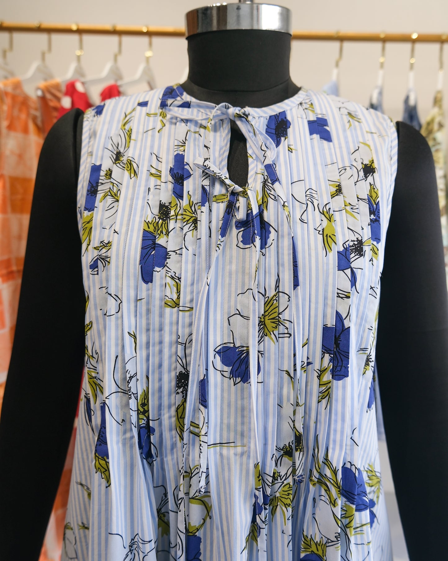 The Wildflower Striped Pintuck Tie neck Short Dress