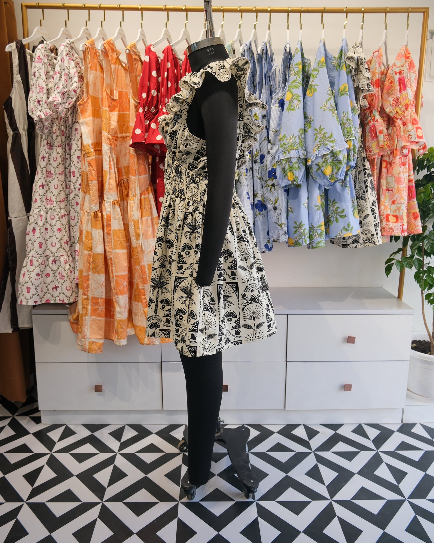 Ivory & Black Tropical Smocked Waist Dress
