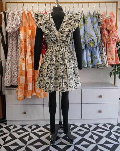 Ivory & Black Tropical Smocked Waist Dress