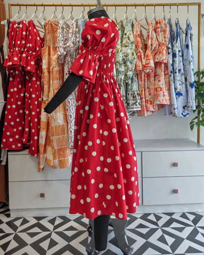 Scarlet dot Smocked Puff Sleeve Midi Dress