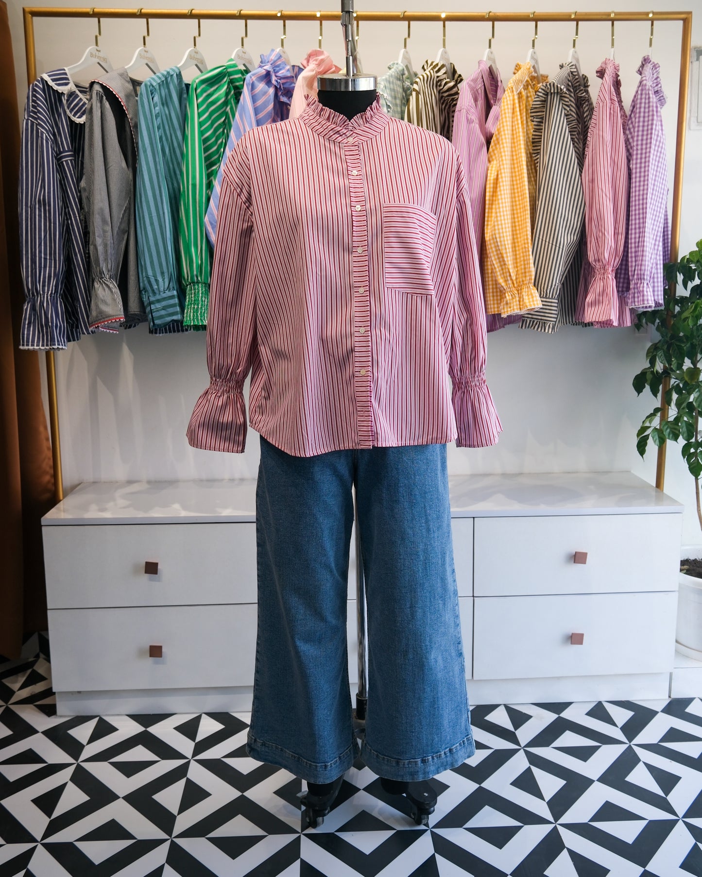 Pink and Red Candy Striped Ruffle Collar Shirt