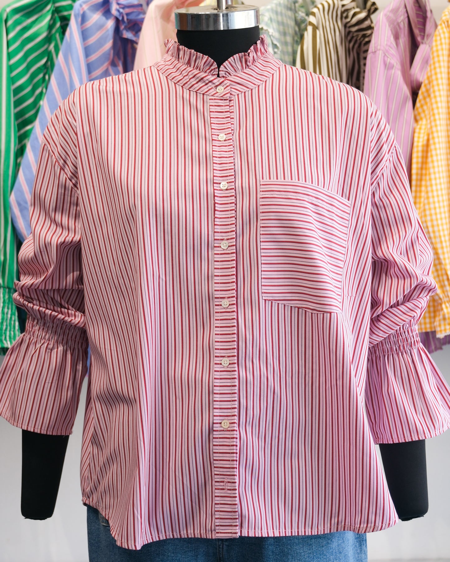Pink and Red Candy Striped Ruffle Collar Shirt