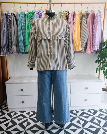 Charcoal Grey Striped Ruffle Yoke Shirt