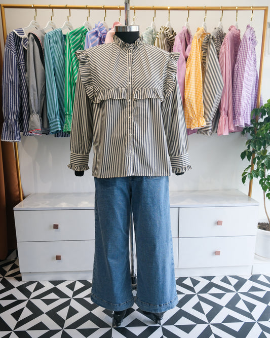 Charcoal Grey Striped Ruffle Yoke Shirt