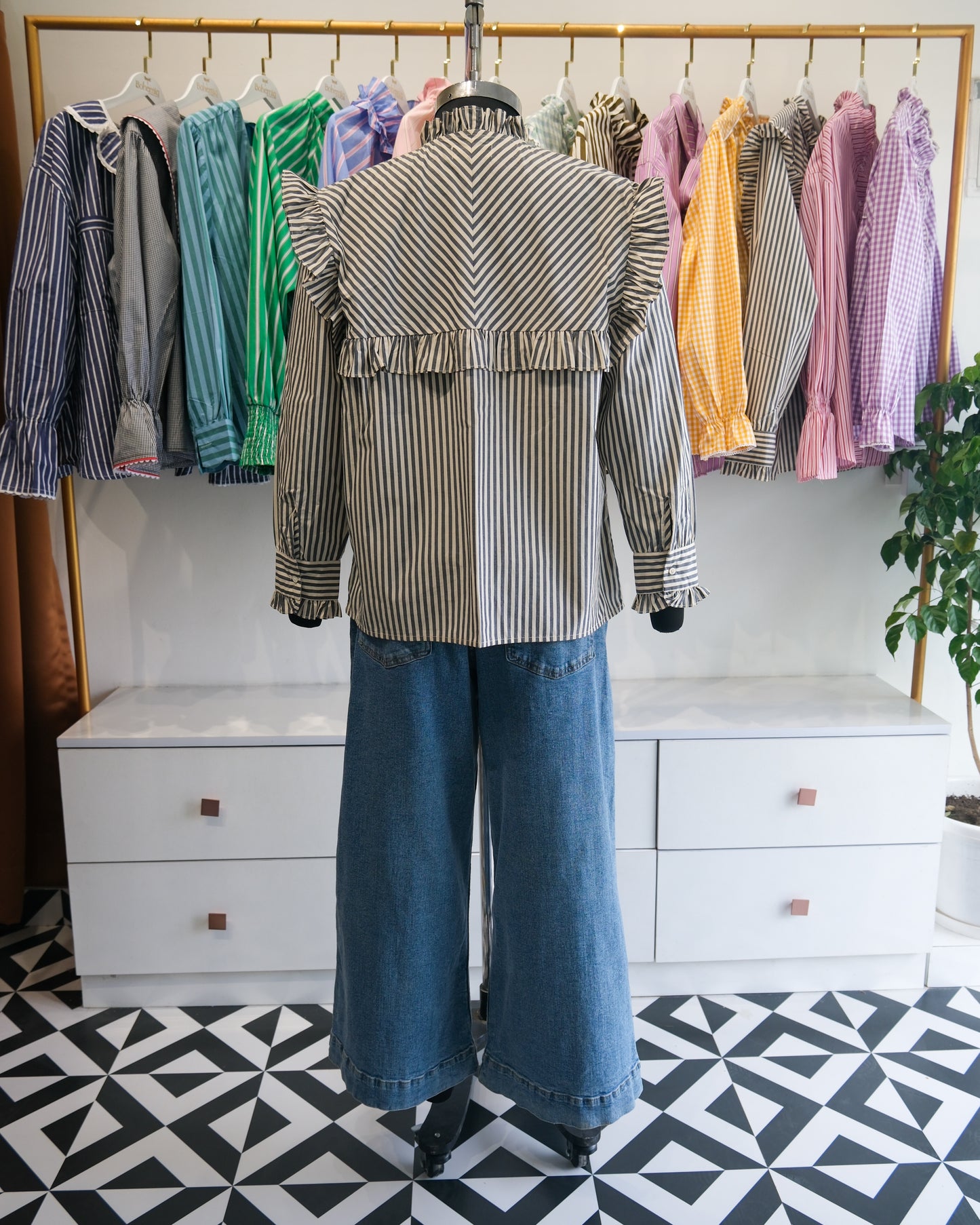 Charcoal Grey Striped Ruffle Yoke Shirt