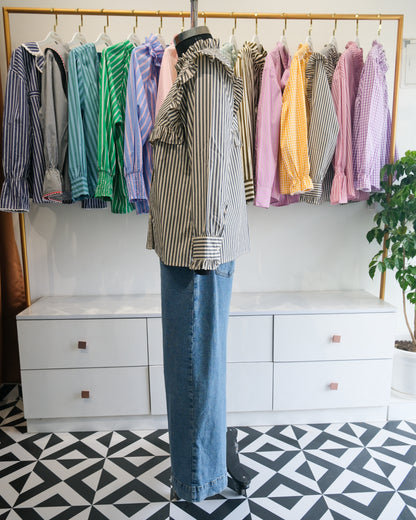 Charcoal Grey Striped Ruffle Yoke Shirt