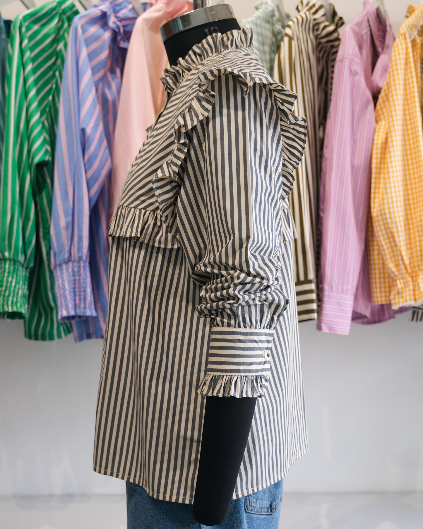 Charcoal Grey Striped Ruffle Yoke Shirt