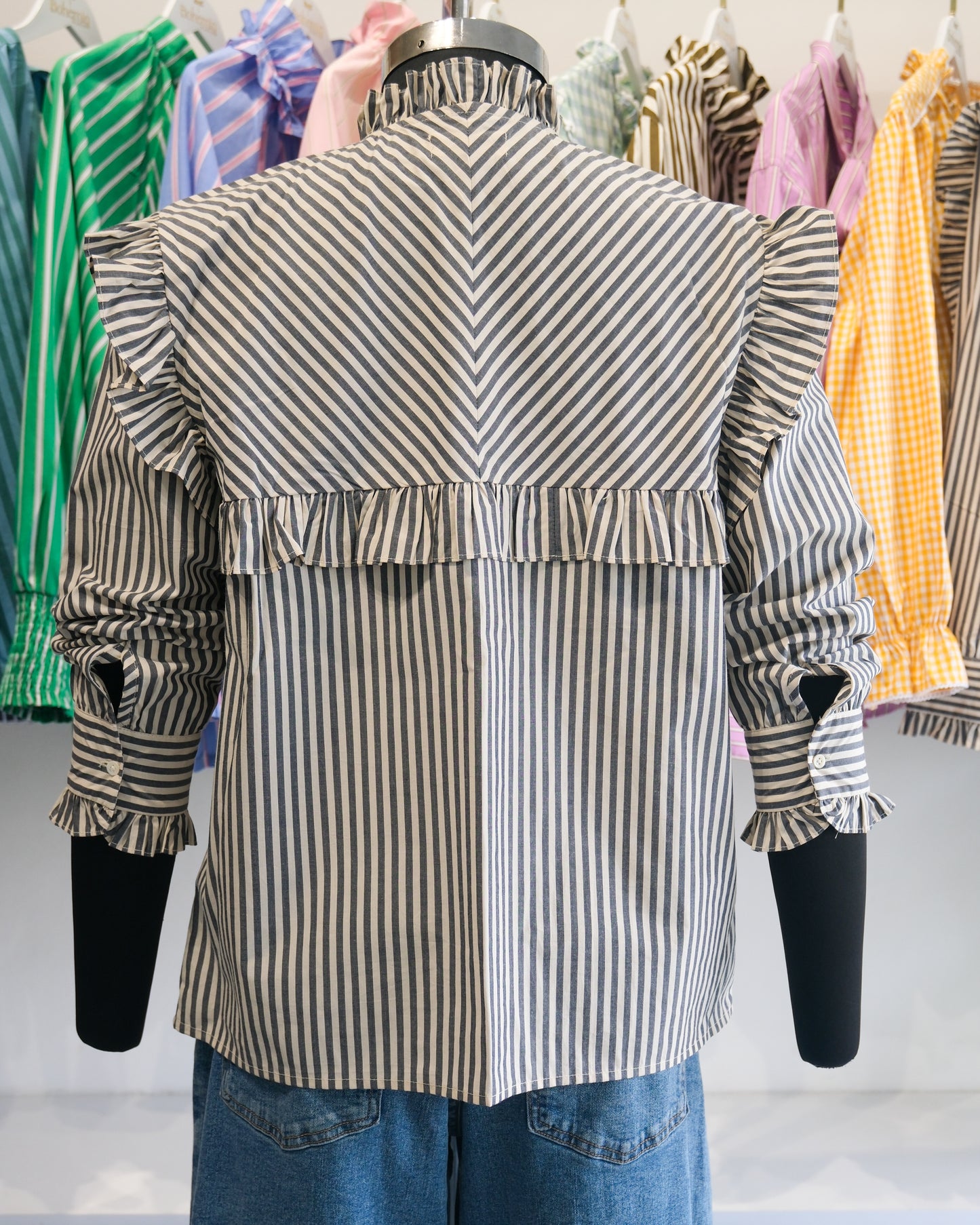 Charcoal Grey Striped Ruffle Yoke Shirt