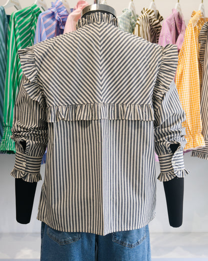 Charcoal Grey Striped Ruffle Yoke Shirt