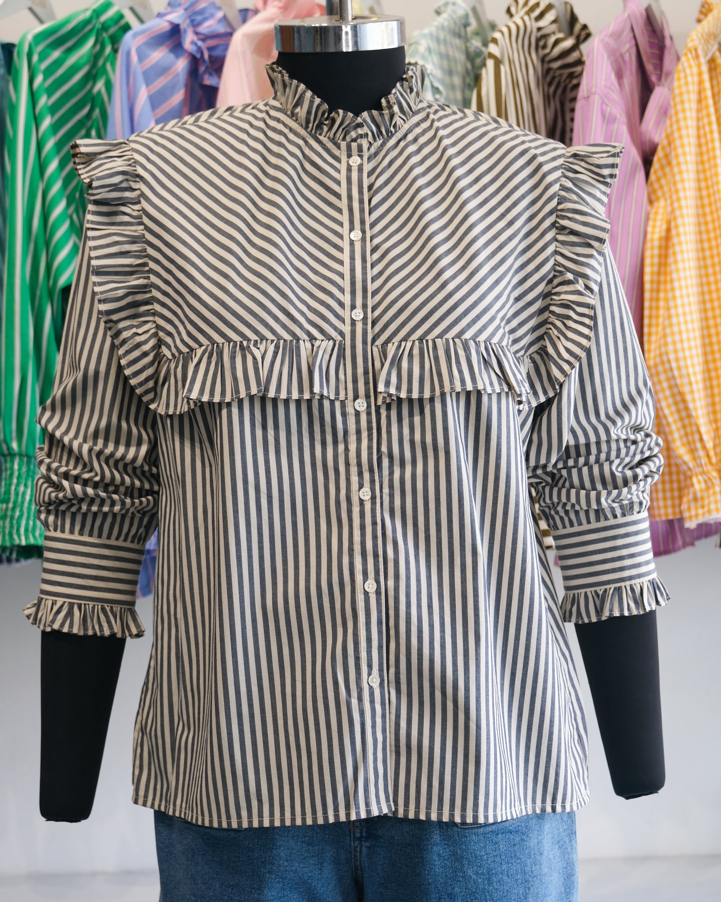 Charcoal Grey Striped Ruffle Yoke Shirt