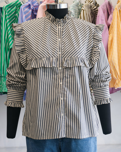 Charcoal Grey Striped Ruffle Yoke Shirt