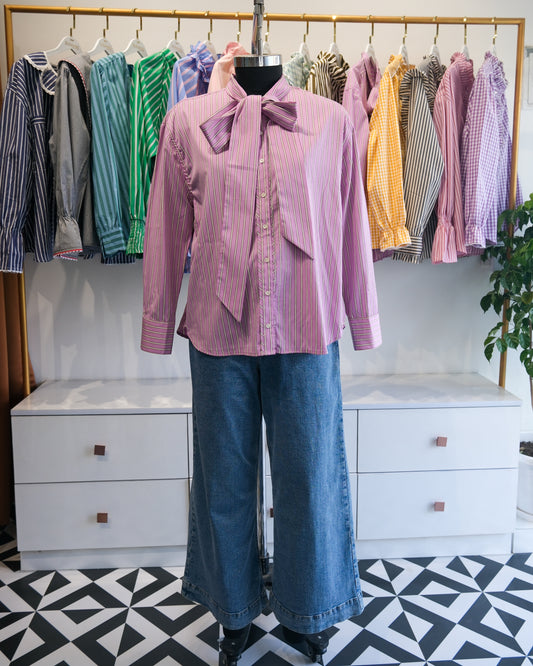 Lavender Pinstriped Tie-Neck Shirt