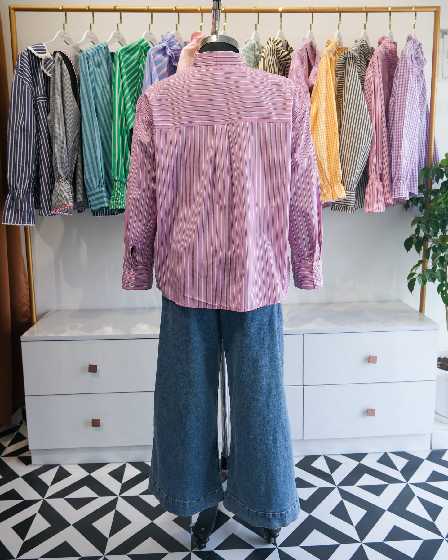 Lavender Pinstriped Tie-Neck Shirt