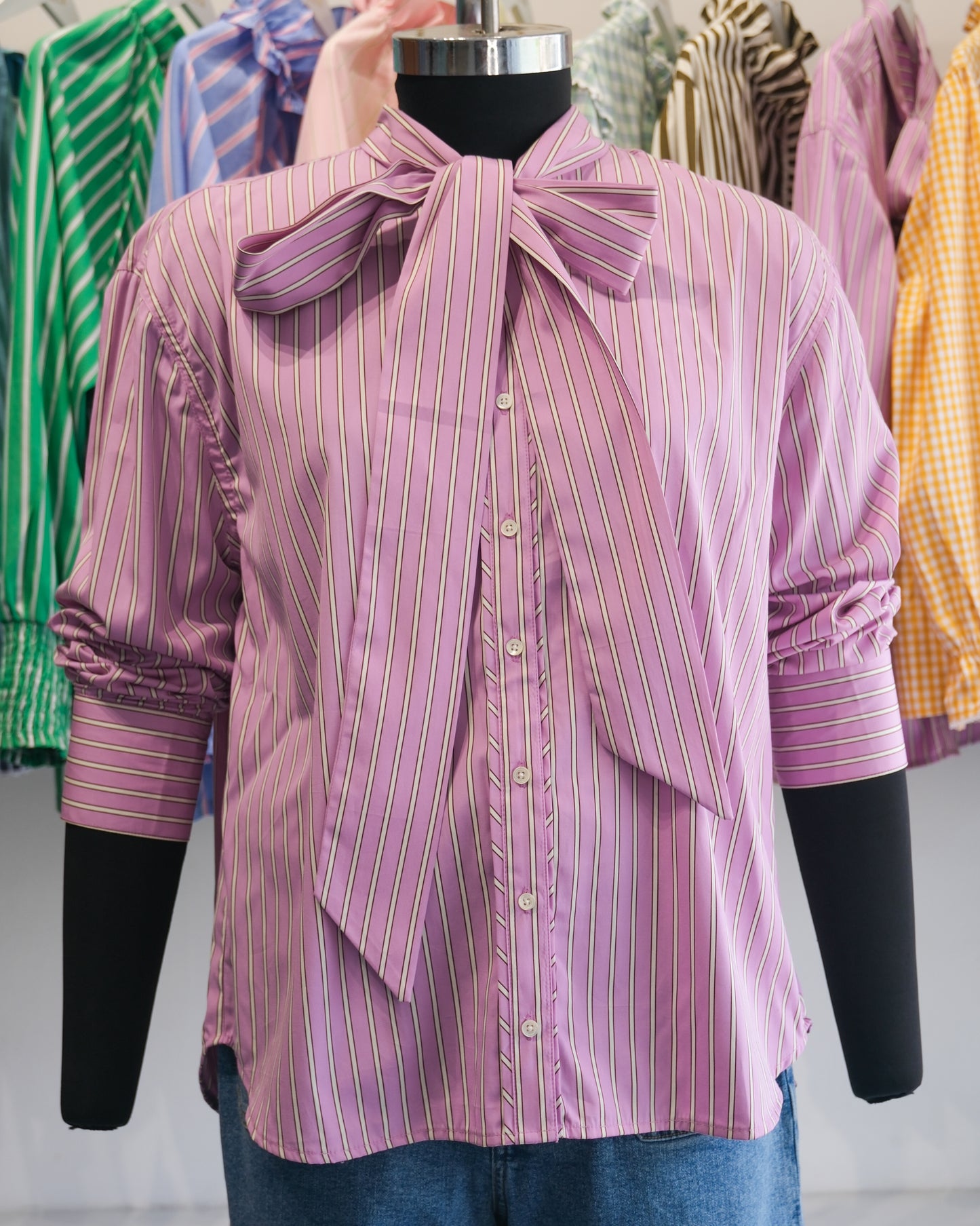 Lavender Pinstriped Tie-Neck Shirt