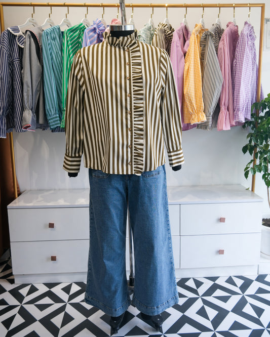 Olive Striped High Neck Ruffle Shirt