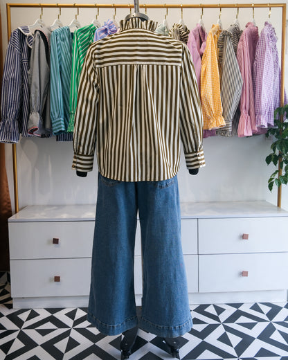Olive Striped High Neck Ruffle Shirt