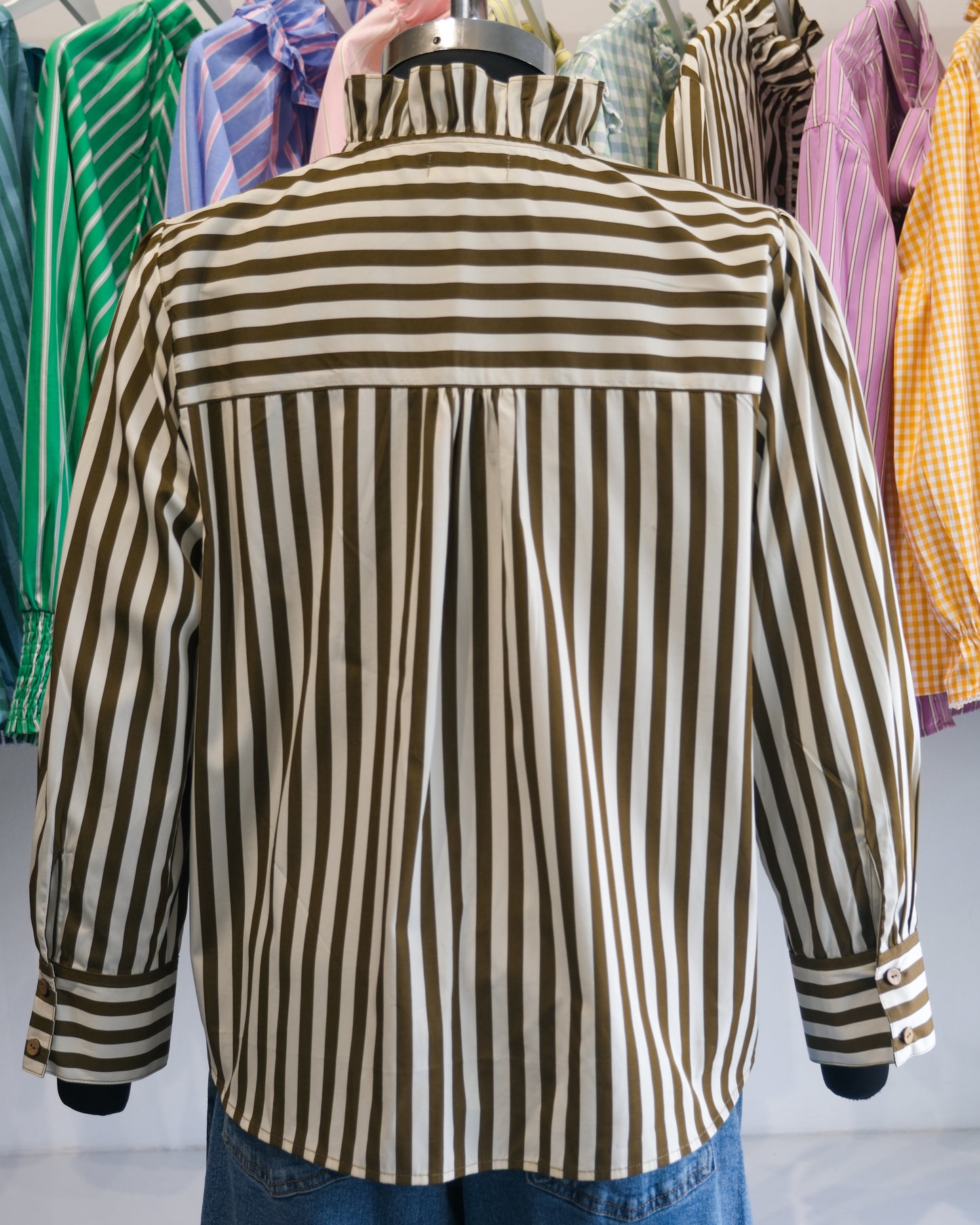 Olive Striped High Neck Ruffle Shirt