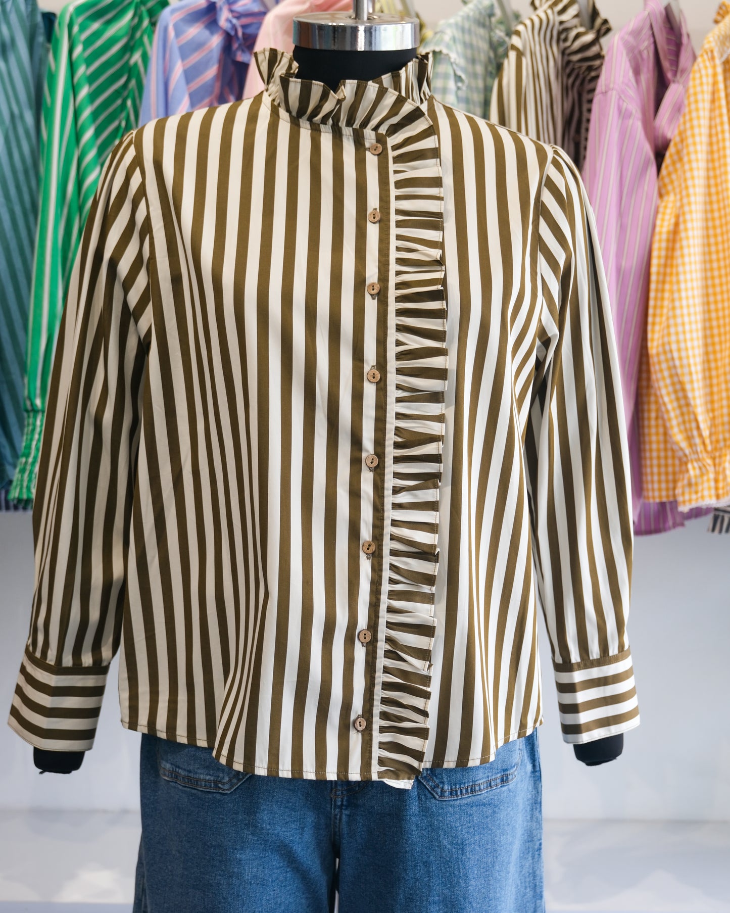 Olive Striped High Neck Ruffle Shirt