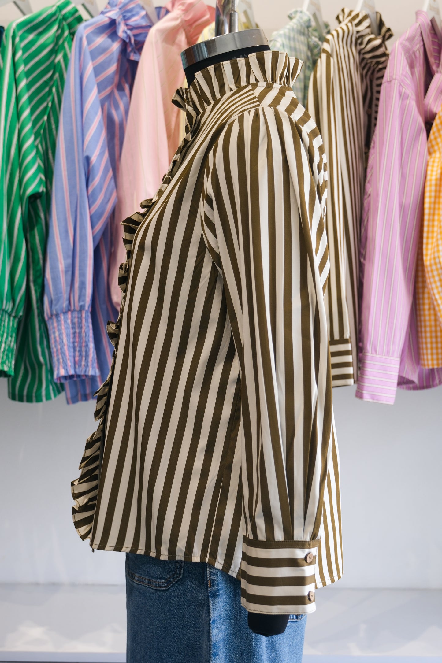 Olive Striped High Neck Ruffle Shirt