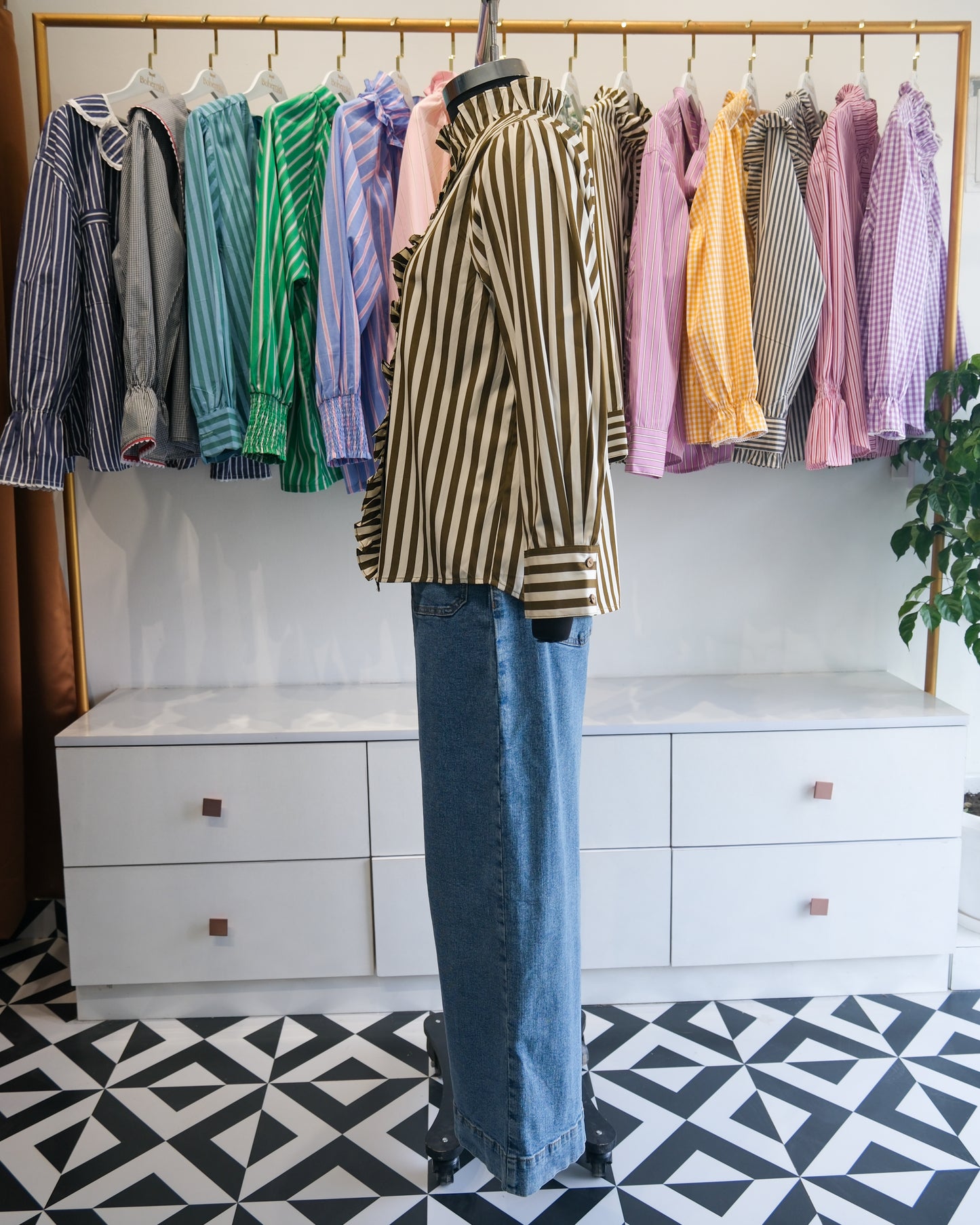 Olive Striped High Neck Ruffle Shirt