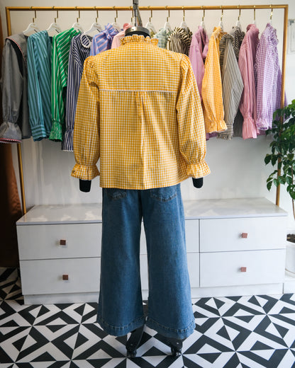 Yellow Gingham Ruffle Collar Shirt