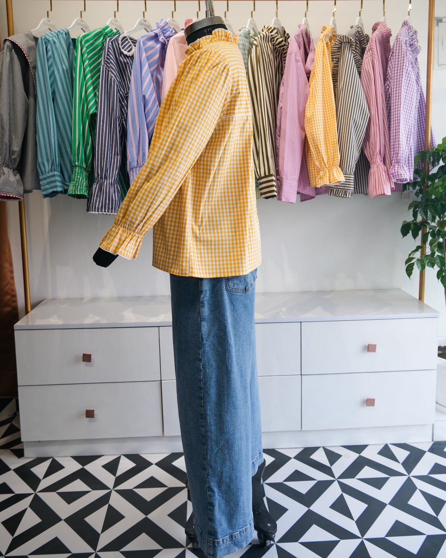 Yellow Gingham Ruffle Collar Shirt