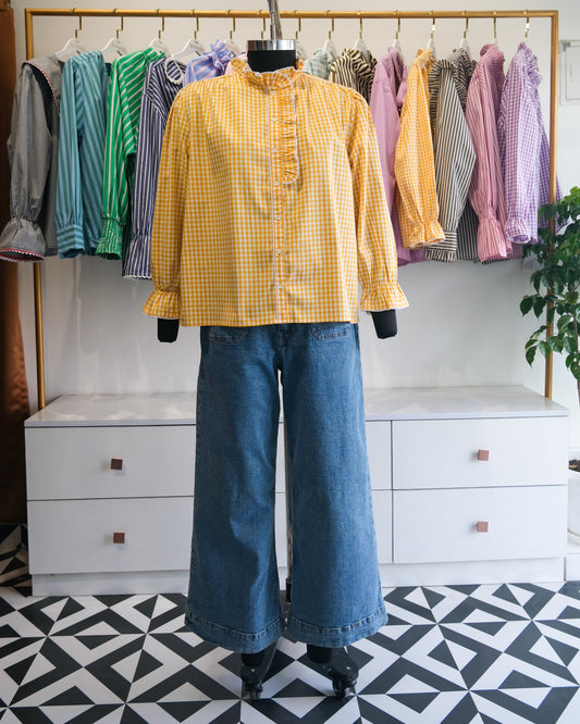 Yellow Gingham Ruffle Collar Shirt