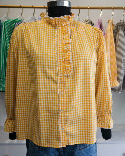 Yellow Gingham Ruffle Collar Shirt