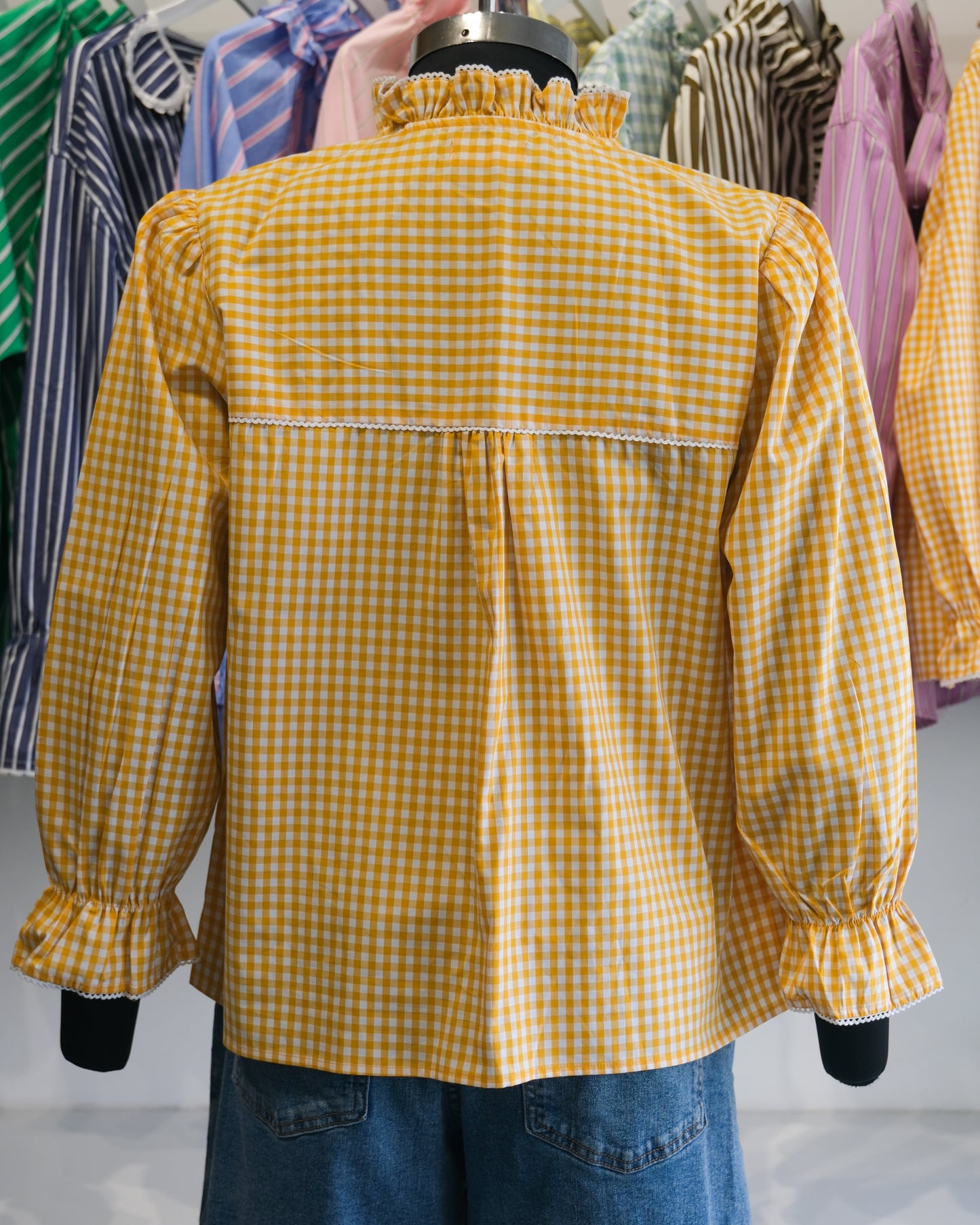Yellow Gingham Ruffle Collar Shirt