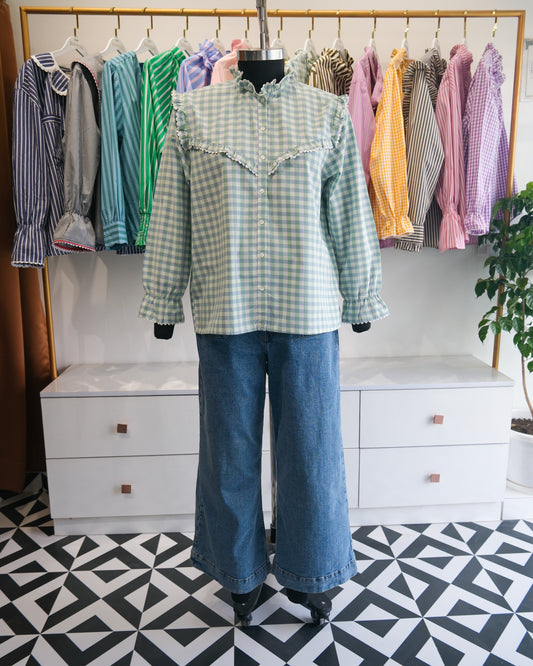 Mint Checkered Lace Yoke Shirt