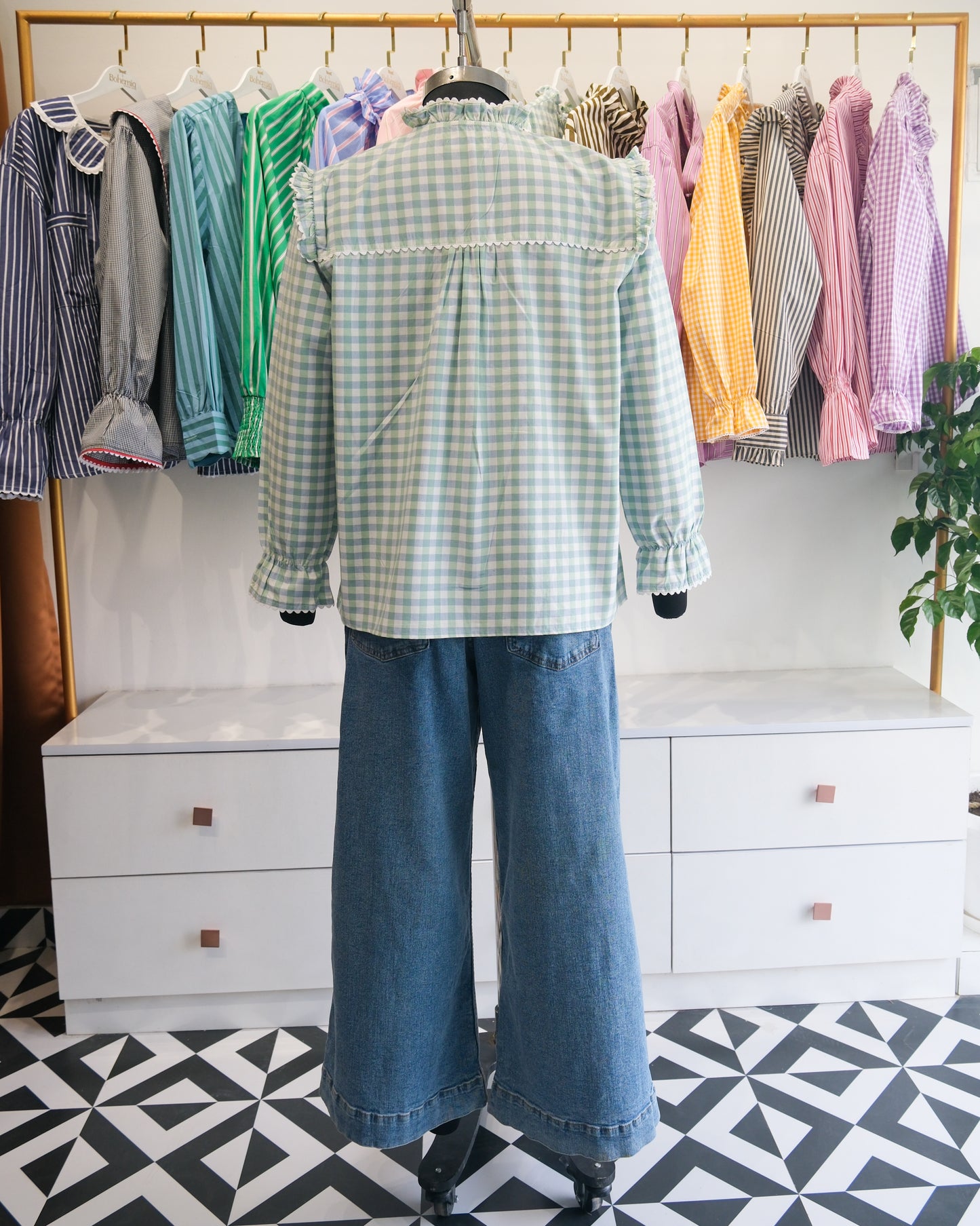 Mint Checkered Lace Yoke Shirt