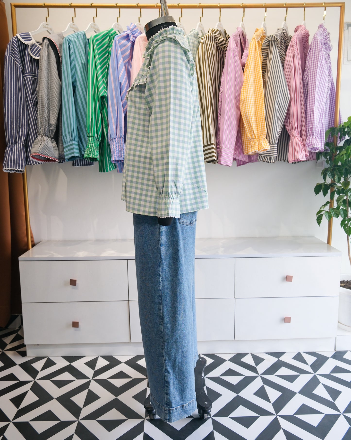 Mint Checkered Lace Yoke Shirt
