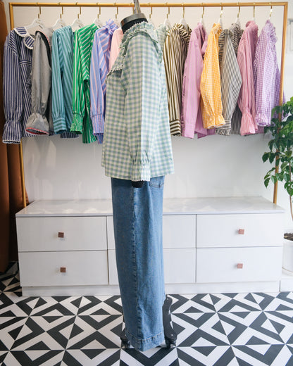 Mint Checkered Lace Yoke Shirt