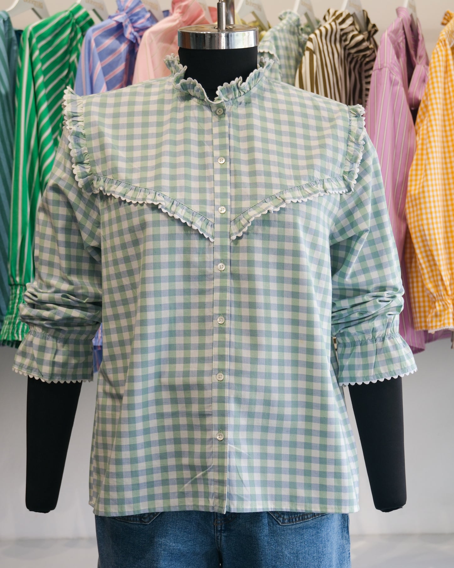 Mint Checkered Lace Yoke Shirt