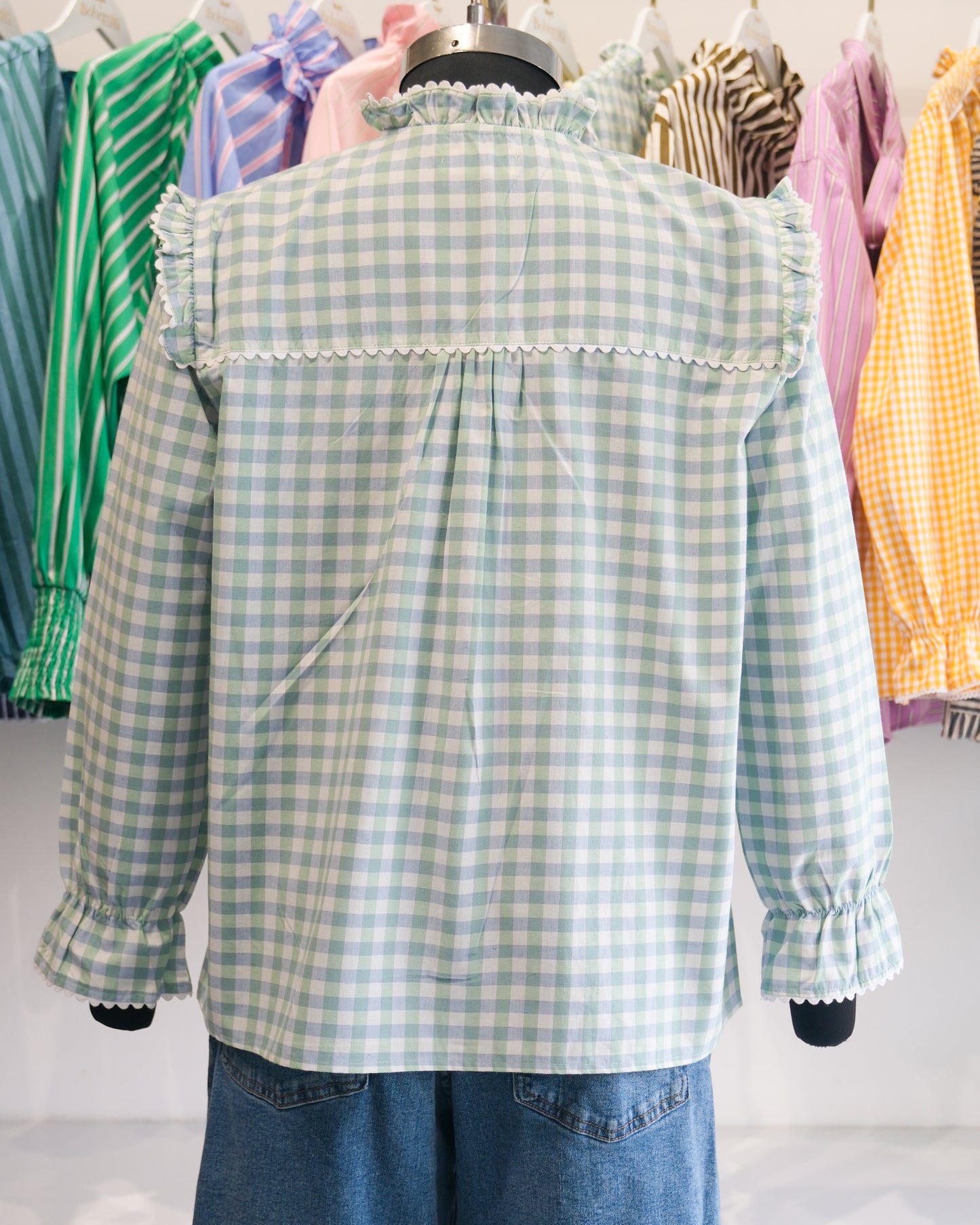 Mint Checkered Lace Yoke Shirt