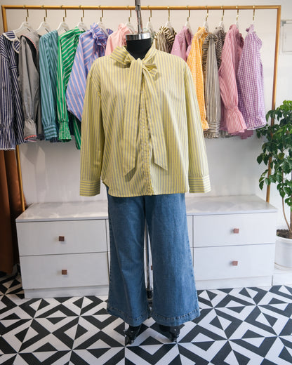 Butter Yellow Pinstriped Tie Neck Shirt