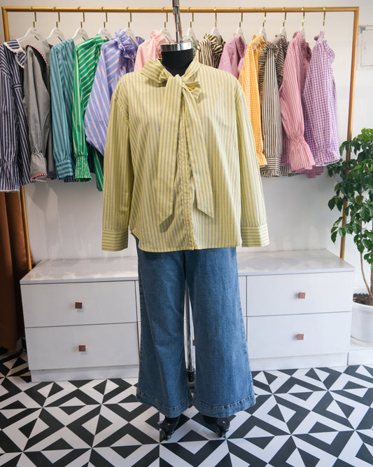 Butter Yellow Pinstriped Tie Neck Shirt