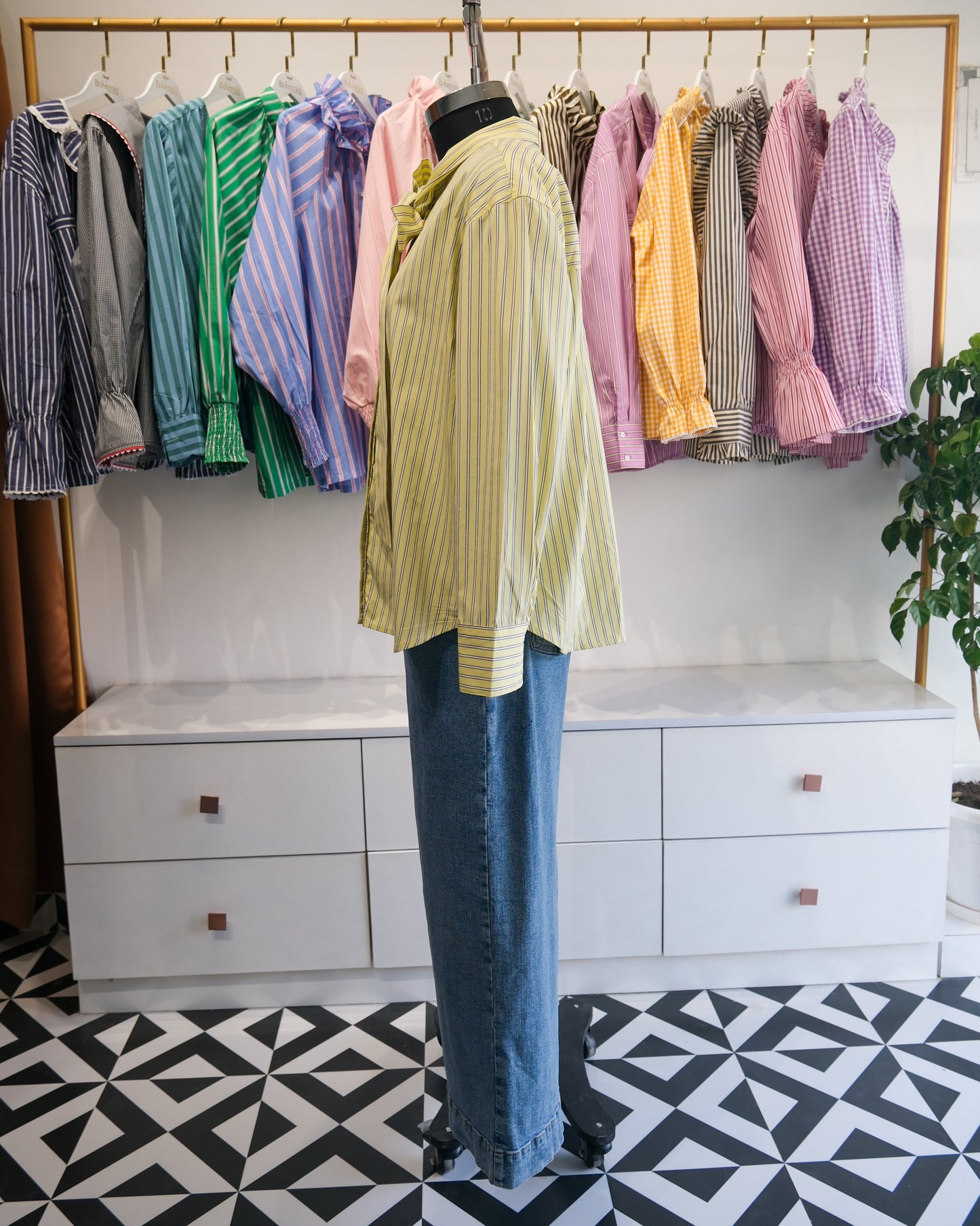 Butter Yellow Pinstriped Tie Neck Shirt