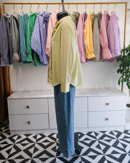 Butter Yellow Pinstriped Tie Neck Shirt
