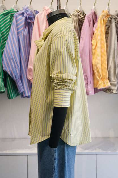 Butter Yellow Pinstriped Tie Neck Shirt