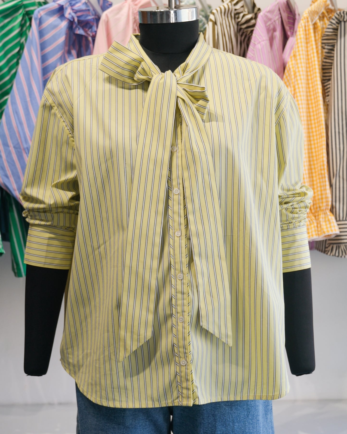 Butter Yellow Pinstriped Tie Neck Shirt