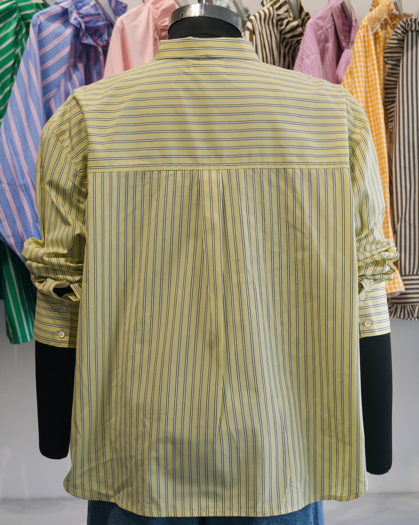 Butter Yellow Pinstriped Tie Neck Shirt
