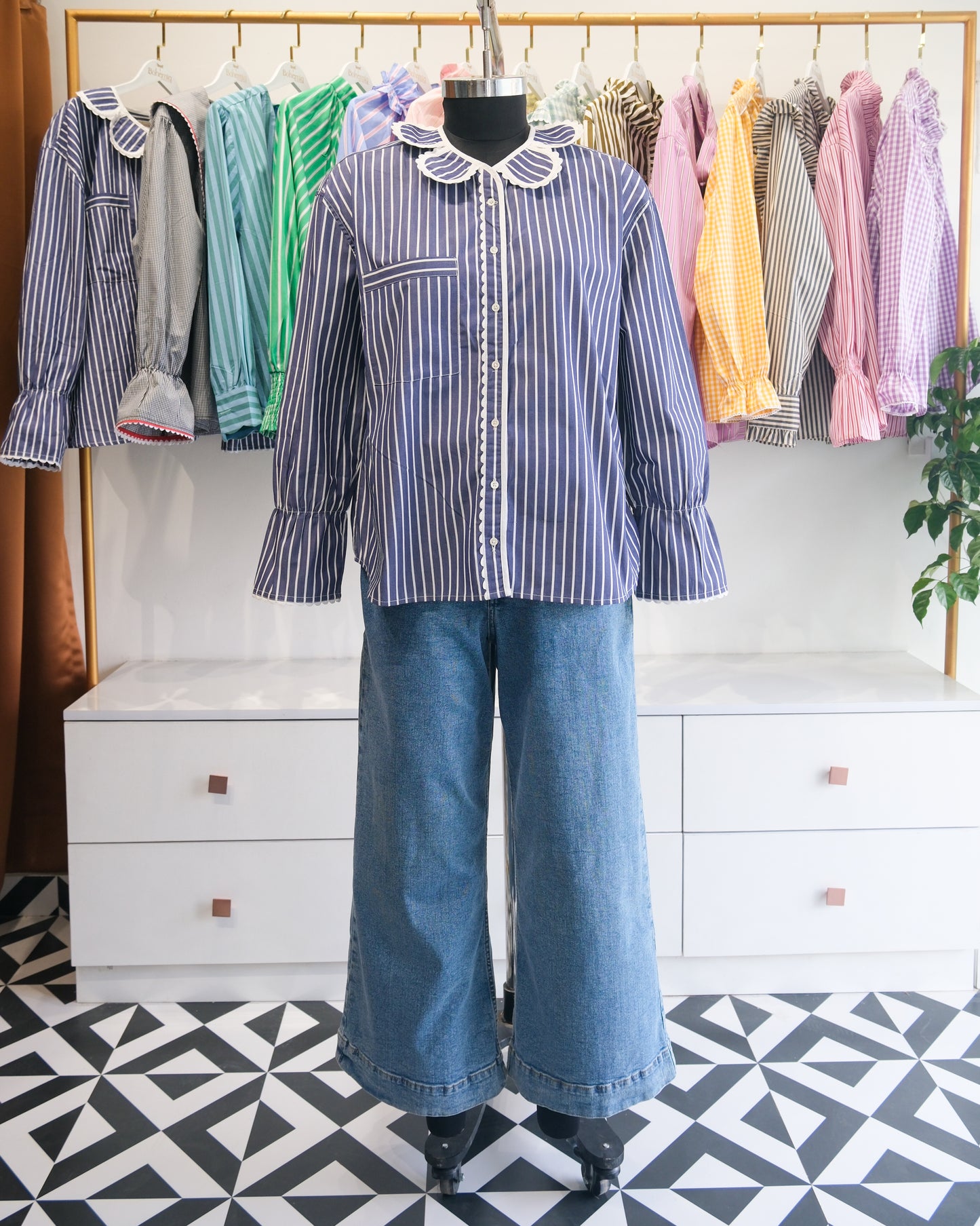 Navy Striped Petal Collar Oversized Shirt
