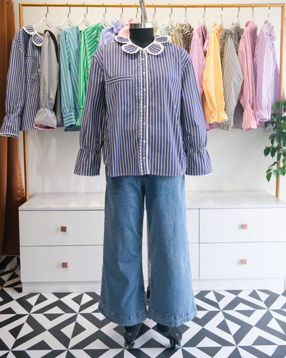 Navy Striped Petal Collar Oversized Shirt