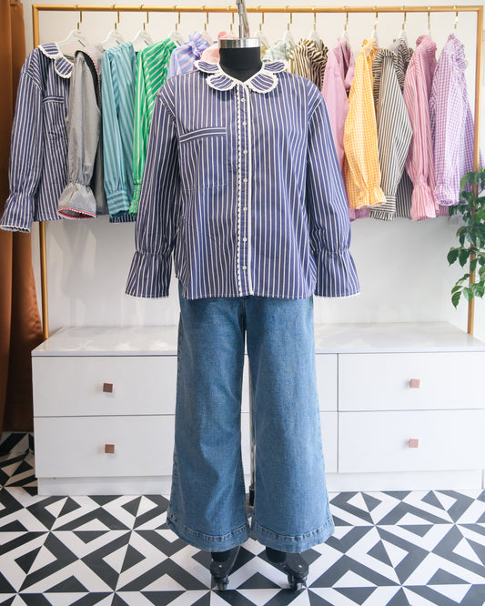 Navy Striped Petal Collar Oversized Shirt